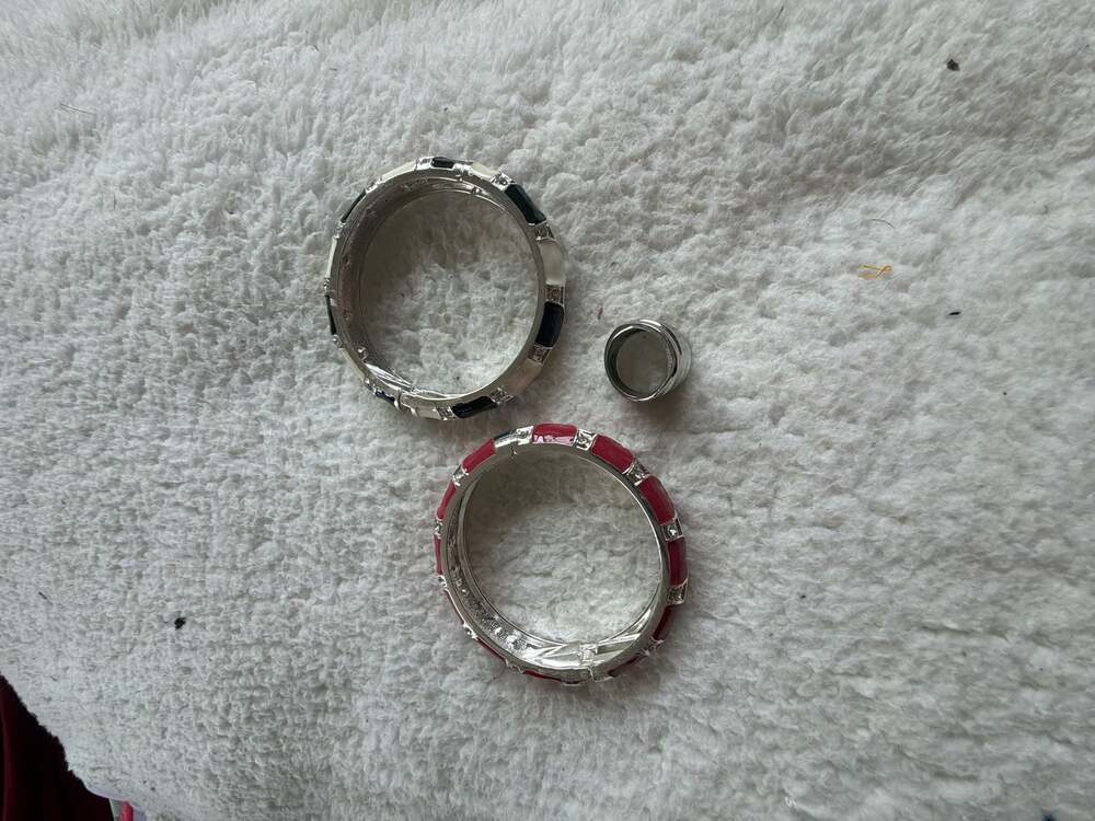Set of 2 Hinged Enamel Bangle Bracelets and Wide Silver-Tone Band Ring